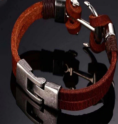 Men Brown Leather Stainless Steel Anchor Stylish Wrist Bracelet For Men